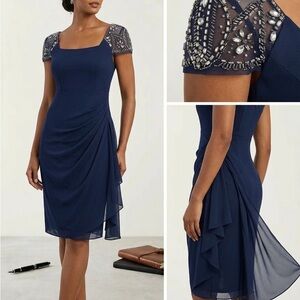 Xscape Navy Beaded Cap-Sleeve Midi Dress